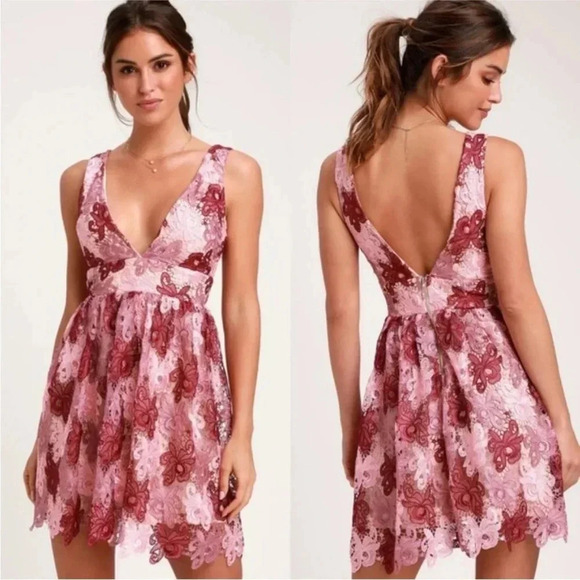Lulus Sweetest Love Mauve Multi Lace Backless Skater Dress - Picture 1 of 10